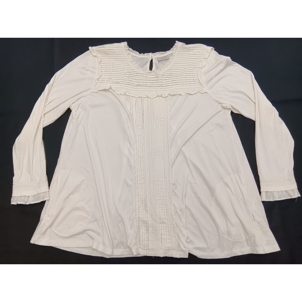 LOGO by Lori Goldstein Women Ivory Pintuck Lace Tunic Top Side Pockets White L